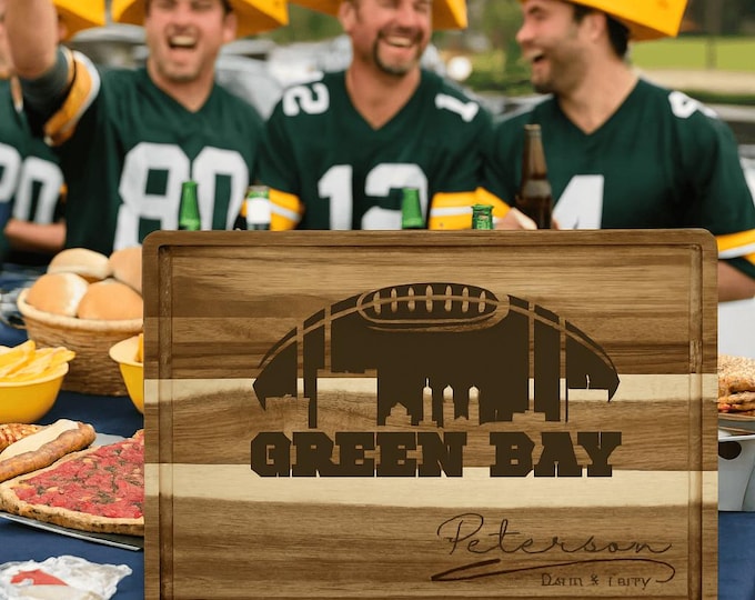 Green Bay Custom Cutting Board – Personalized Acacia Wood Football Gift, Laser Engraved Serving Board, Sports Fan Super Bowl Party Decor