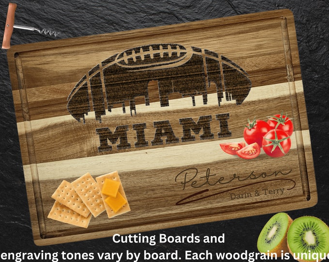 Miami Cutting Board | Personalized Cutting Board | Football Fan Gift | Tailgating Wood Charcuterie Board | Custom Cheese Chopping Board