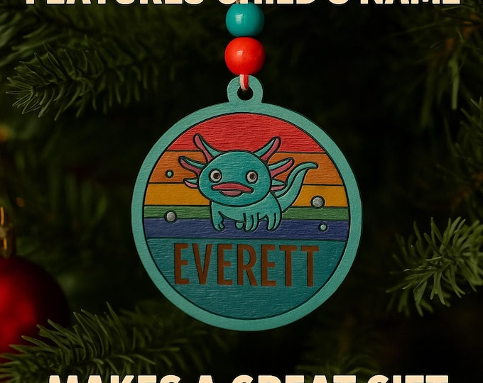 Personalized Axolotl Ornament – Custom Kids Christmas Tree Decoration – Hand Painted Holiday Gift with Name