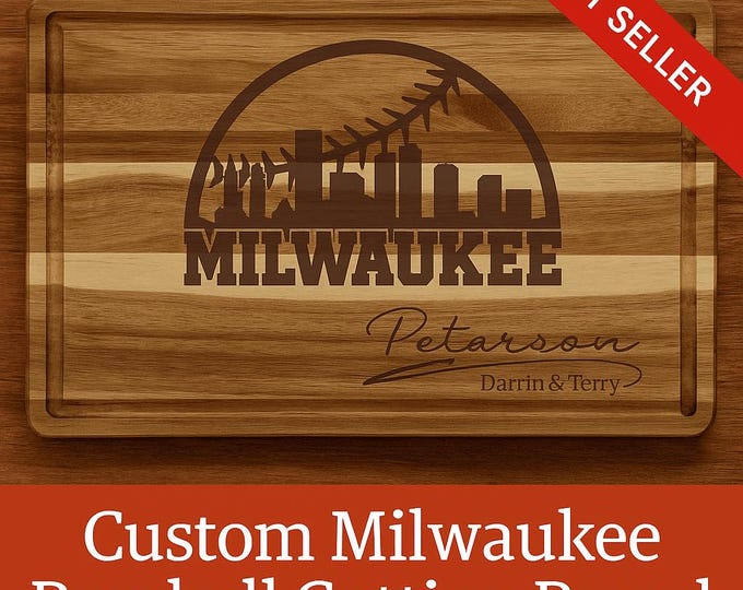 Custom Milwaukee Baseball Cutting Board | Personalized Acacia Wood Board | Engraved Milwaukee Skyline Gift | Sports Fan Housewarming Gift