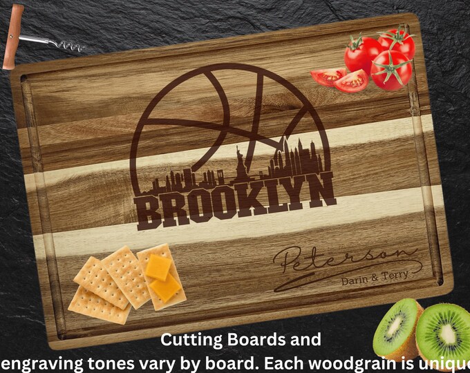 Brooklyn Cutting Board | Personalized Cutting Board | Basketball Fan Gift | Acacia Wood Charcuterie Board | Custom Cheese Chopping Board