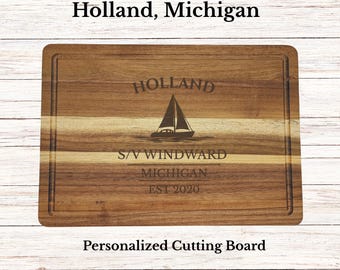 Holland Sailboat Cutting Board, Personalized Michigan Gift, Custom Boat Name, Engraved Acacia Wood, Nautical Kitchen Decor