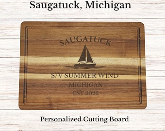Saugatuck Sailboat Cutting Board, Personalized Michigan Gift, Custom Boat Name, Engraved Acacia Wood, Nautical Decor