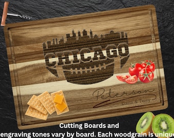 Chicago Custom Cutting Board – Personalized Acacia Wood Football Gift, Laser Engraved Serving Board, Super Bowl Party Kitchen Decor