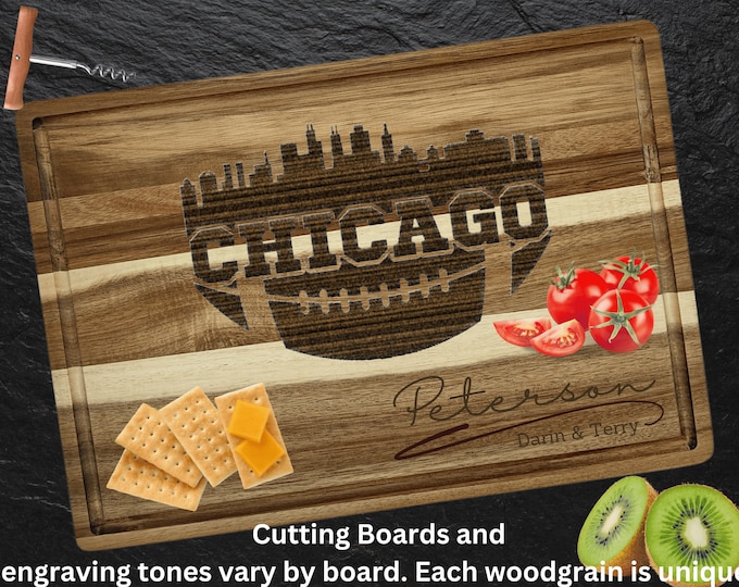 Chicago Cutting Board | Personalized Cutting Board | Football Fan Gift | Tailgating Wood Charcuterie Board | Custom Cheese Chopping Board