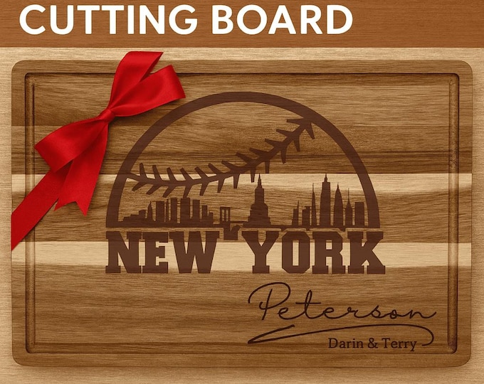Custom New York Baseball Cutting Board | Personalized Acacia Wood Board | Engraved New York City Skyline Gift | Sports Fan Housewarming Gift