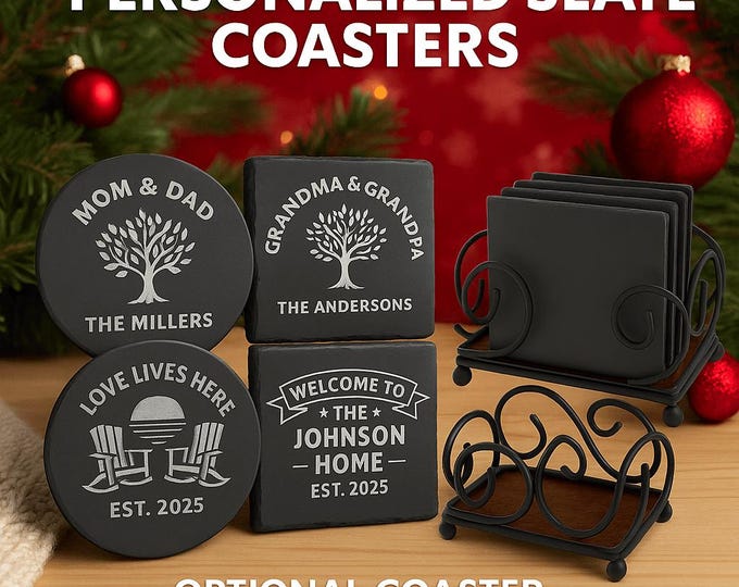 Personalized 4" Slate Coasters for Parents or Grandparents | Set of 4 Unique Designs with Optional Holder | Laser Engraved Gift for Family