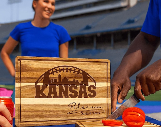 Kansas Custom Cutting Board – Personalized Acacia Wood Football Gift, Laser Engraved Serving Board, Sports Fan Super Bowl Party Decor