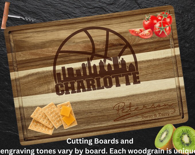 Charlotte Cutting Board | Personalized Cutting Board | Basketball Fan Gift | Acacia Wood Charcuterie Board | Custom Cheese Chopping Board