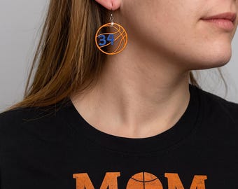 Personalized Basketball Jersey Number Earrings – Custom Team Color Wood Basketball Earrings, Sports Mom & Player Gift