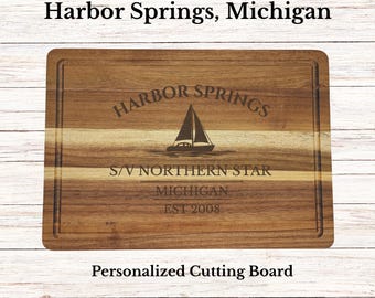 Harbor Springs Sailboat Cutting Board, Personalized Michigan Gift, Custom Boat Name, Engraved Acacia Wood, Nautical Decor