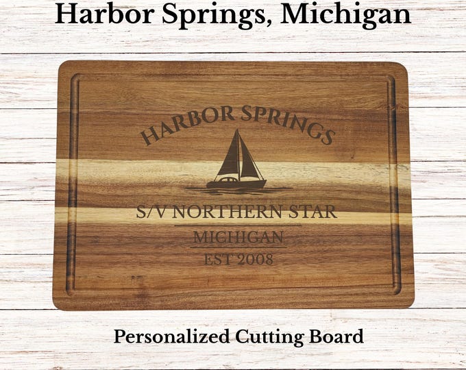Harbor Springs Sailboat Cutting Board, Personalized Michigan Gift, Custom Boat Name, Engraved Acacia Wood, Nautical Decor