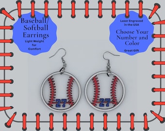 Baseball Personalized Earrings, Custom Softball Earrings, Team Earrings, Team Color and Number, Baseball Girlfriend, Sports Mom Gift