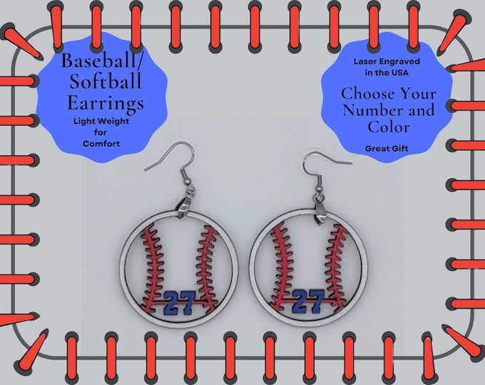 Baseball Personalized Earrings, Custom Softball Earrings, Team Earrings, Team Color and Number, Baseball Girlfriend, Sports Mom Gift
