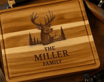 Personalized Deer Hunting Cutting Board – Custom Acacia Wood Gift for Hunters, Laser Engraved – 2 Design Options, Rustic Cabin Decor