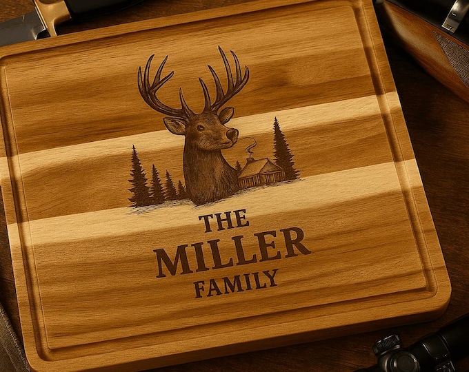 Personalized Deer Hunting Cutting Board – Custom Acacia Wood Gift for Hunters, Laser Engraved – 2 Design Options, Rustic Cabin Decor
