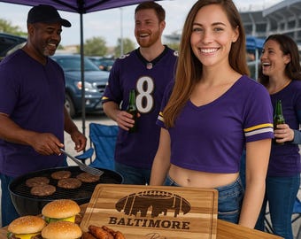 Baltimore Custom Cutting Board – Personalized Acacia Wood Football Gift, Laser Engraved Serving Board, Sports Fan Super Bowl Party Decor