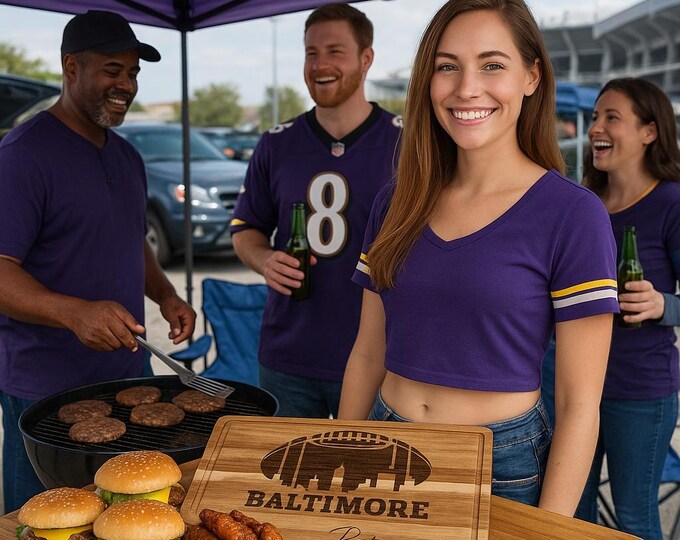 Baltimore Custom Cutting Board – Personalized Acacia Wood Football Gift, Laser Engraved Serving Board, Sports Fan Super Bowl Party Decor