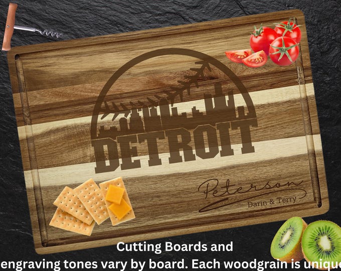 Custom Detroit Baseball Cutting Board | Personalized Acacia Wood Cutting Board | Engraved Baseball Skyline Board | Michigan Sports Gift