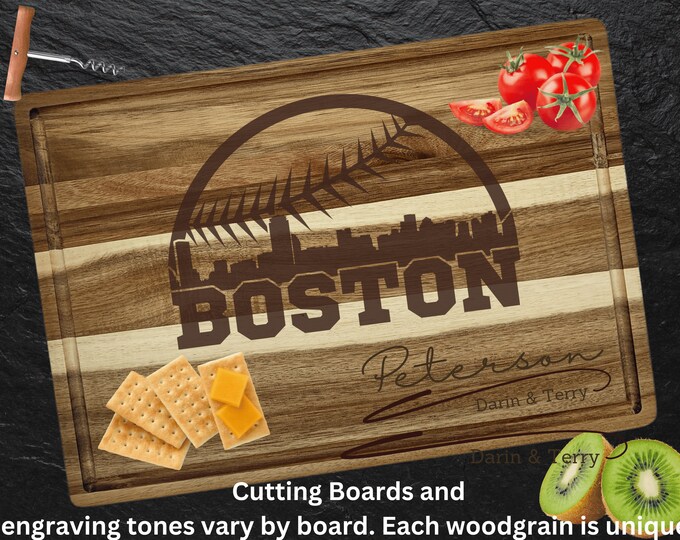 Boston Cutting Board | Personalized Cutting Board | Baseball Fan Gift | Tailgating Wood Charcuterie Board | Custom Cheese Chopping Board