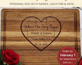 Personalized Valentine Cutting Board – Where Our Story Began Heart, Custom Names Date Location, Anniversary Gift for Couple