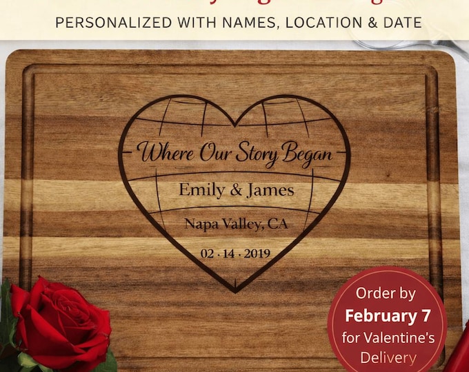 Personalized Valentine Cutting Board – Where Our Story Began Heart, Custom Names Date Location, Anniversary Gift for Couple