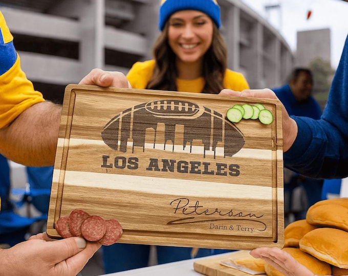 Los Angeles Custom Cutting Board – Personalized Acacia Wood Football Gift, Laser Engraved Serving Board, Sports Fan Super Bowl Party Decor
