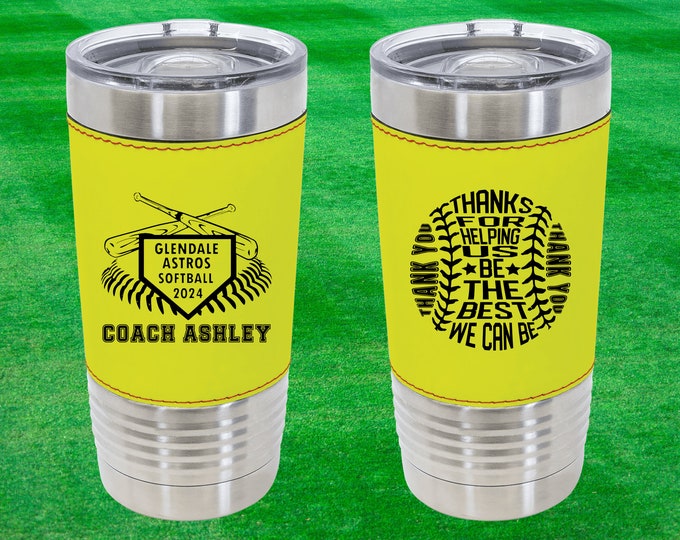 Custom Softball Tumbler | Personalized Coach Gift | Softball Team Insulated Tumbler | Leatherette 20 Ounce Tumbler | Softball Coach Award