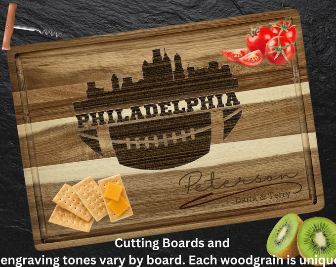 Philadelphia Cutting Board | Personalized Cutting Board | Football Fan Gift | Tailgating Wood Charcuterie Board | Custom Cheese Chopping