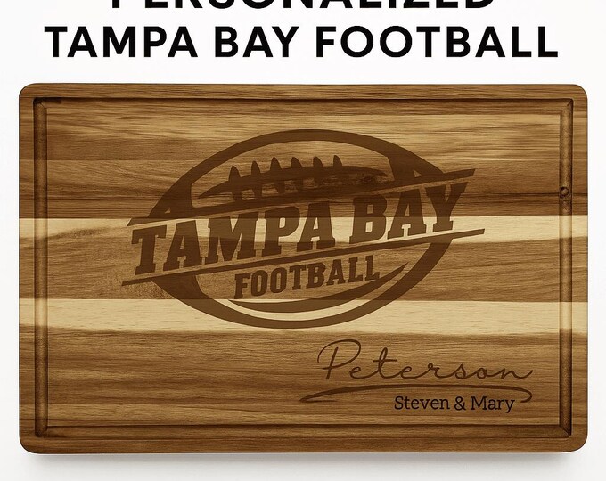 Tampa Bay Football Acacia Cutting Board – Laser Engraved Personalized Wood Board, 15.75" x 11"