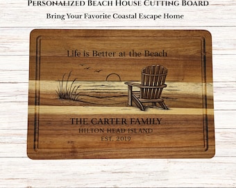 Personalized Beach House Cutting Board, Custom Coastal Gift, Engraved Adirondack Chair Ocean Scene, Family Name Wedding Housewarming Gift