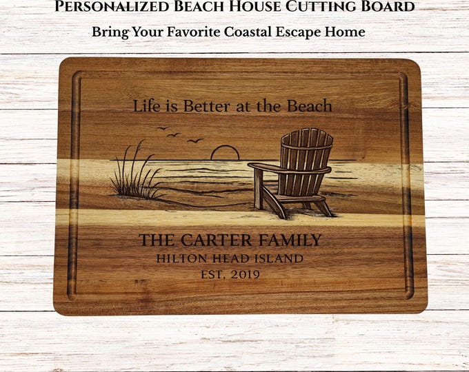 Personalized Beach House Cutting Board, Custom Coastal Gift, Engraved Adirondack Chair Ocean Scene, Family Name Wedding Housewarming Gift