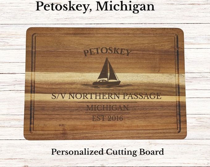 Petoskey Sailboat Cutting Board, Personalized Michigan Gift, Custom Boat Name, Engraved Acacia Wood, Nautical Decor