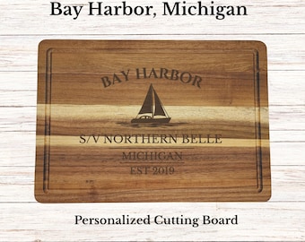 Bay Harbor Sailboat Cutting Board, Personalized Michigan Gift, Custom Boat Name, Engraved Acacia Wood, Nautical Decor