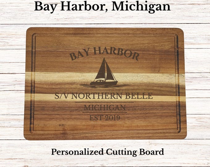 Bay Harbor Sailboat Cutting Board, Personalized Michigan Gift, Custom Boat Name, Engraved Acacia Wood, Nautical Decor