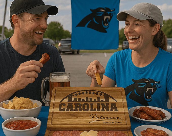 Carolina Custom Cutting Board – Personalized Acacia Wood Football Gift, Laser Engraved Serving Board, Sports Fan Super Bowl Party Decor