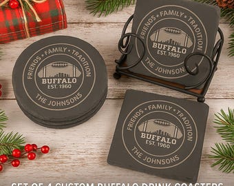 Personalized Buffalo Football Coasters Set of 4 | Custom Family Name Slate Square or Round Coasters | Optional Holder | Holiday Gift