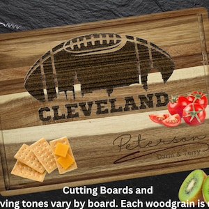 Cleveland Custom Cutting Board – Personalized Acacia Wood Football Gift, Laser Engraved Serving Board, Sports Fan Super Bowl Party Decor