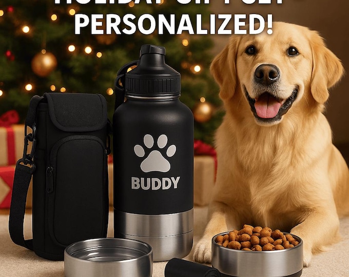 Personalized Dog Travel Water Bottle 3-in-1 | Custom Pet Name Bottle with Bowl & Treat Storage | Hiking Dog Water Bottle | Pet Travel Gift