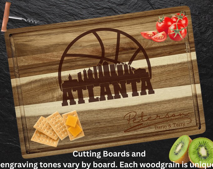 Atlanta Cutting Board | Personalized Cutting Board | Basketball Fan Gift | Acacia Wood Charcuterie Board | Custom Cheese Chopping Board