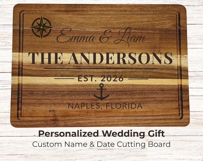 Personalized Wedding Gift Cutting Board, Custom Engraved Name & Date, Nautical Wedding Gift, Beach House Gift for Couple
