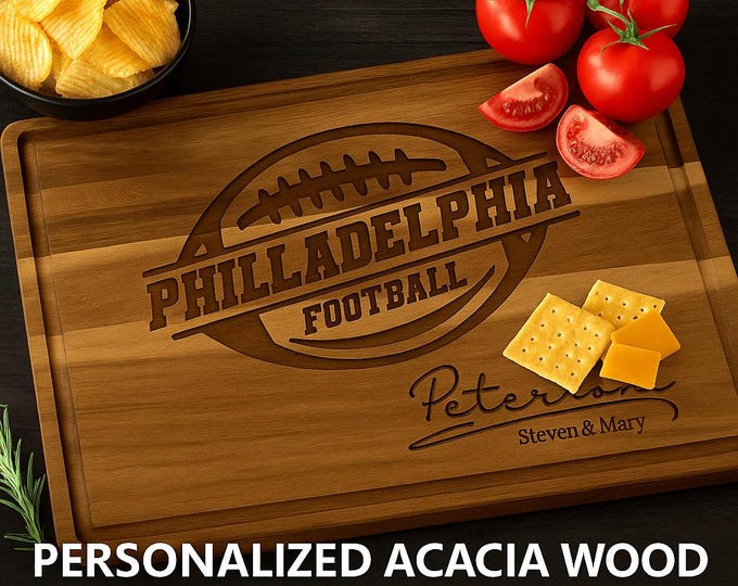Philadelphia Football Cutting Board – Personalized Acacia Wood Gift | Custom Engraved Charcuterie Board | Tailgate & Game Day Gift