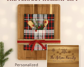 Holiday Personalized Cutting Board Gift Set – Custom Acacia Charcuterie Board with Towel & Spreader Knives, 4 Designs, Gift Wrap Available