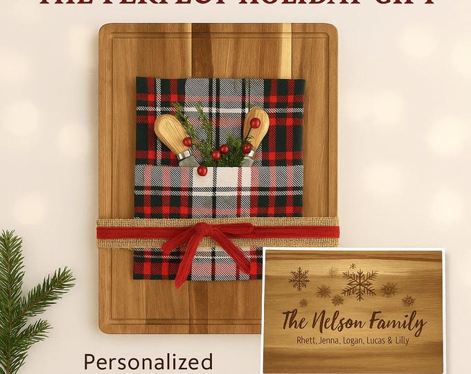 Holiday Personalized Cutting Board Gift Set – Custom Acacia Charcuterie Board with Towel & Spreader Knives, 4 Designs, Gift Wrap Available