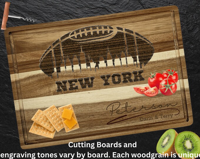 New York Cutting Board | Personalized Cutting Board | Football Fan Gift | Acacia Wood Charcuterie Board | Custom Cheese Chopping Board
