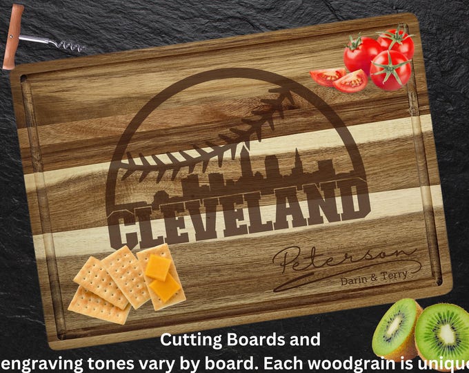 Custom Cleveland Baseball Cutting Board | Personalized Acacia Wood Cutting Board | Engraved Baseball Skyline Board | Cleveland Sports Gift