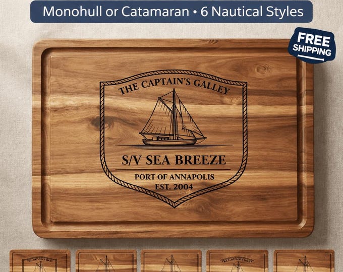 Personalized Sailboat Cutting Board, Custom Boat Name & Coordinates, Nautical Gift for Sailors, Monohull or Catamaran
