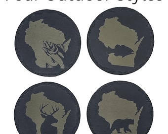 Wisconsin Slate Coasters: Outdoorsman Fishing & Hunting Gift