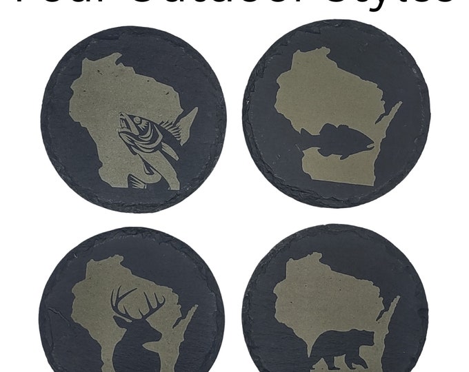 Wisconsin Sportsman Coasters | Round Slate Drink Coasters | Wisconsin Outdoors Gift | Wisconsin Fishing and Hunting Coasters