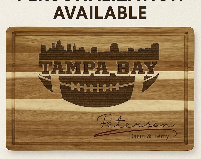 Tampa Bay Football Cutting Board | Personalized Acacia Wood Board | Custom Tailgating Gift | Engraved Charcuterie Cheese Board